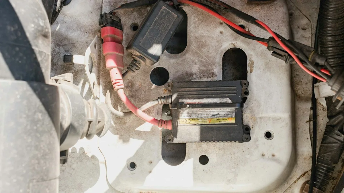 Batteria auto nel vano motore, con i cavi e i morsetti collegati ai poli